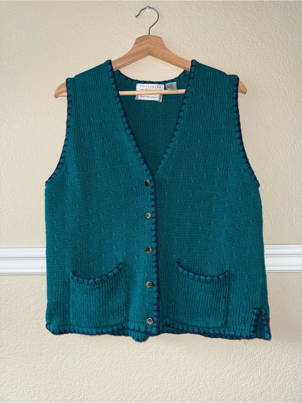 Vintage Ramie Cotton Hand Embroidered Vest Teal Blue Pockets Button Large